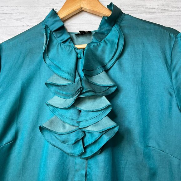 Talbots Top Womens Size 14W Dark Teal Ruffle Silk Blend Button Down Blouse - Picture 7 of 16